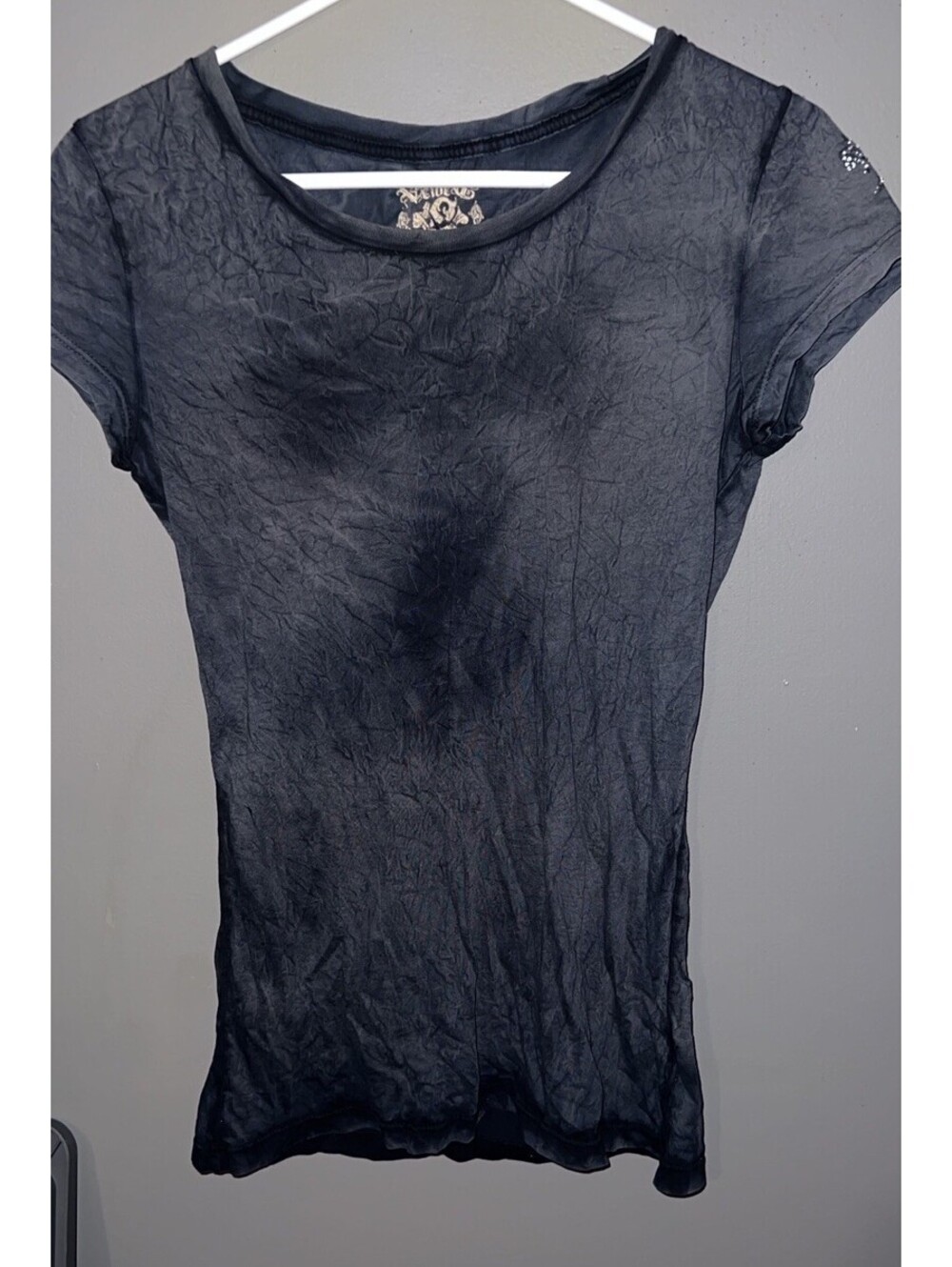 Y2K Velvet Stone Shirt XL English Cross Studded Embellished Emo Grunge